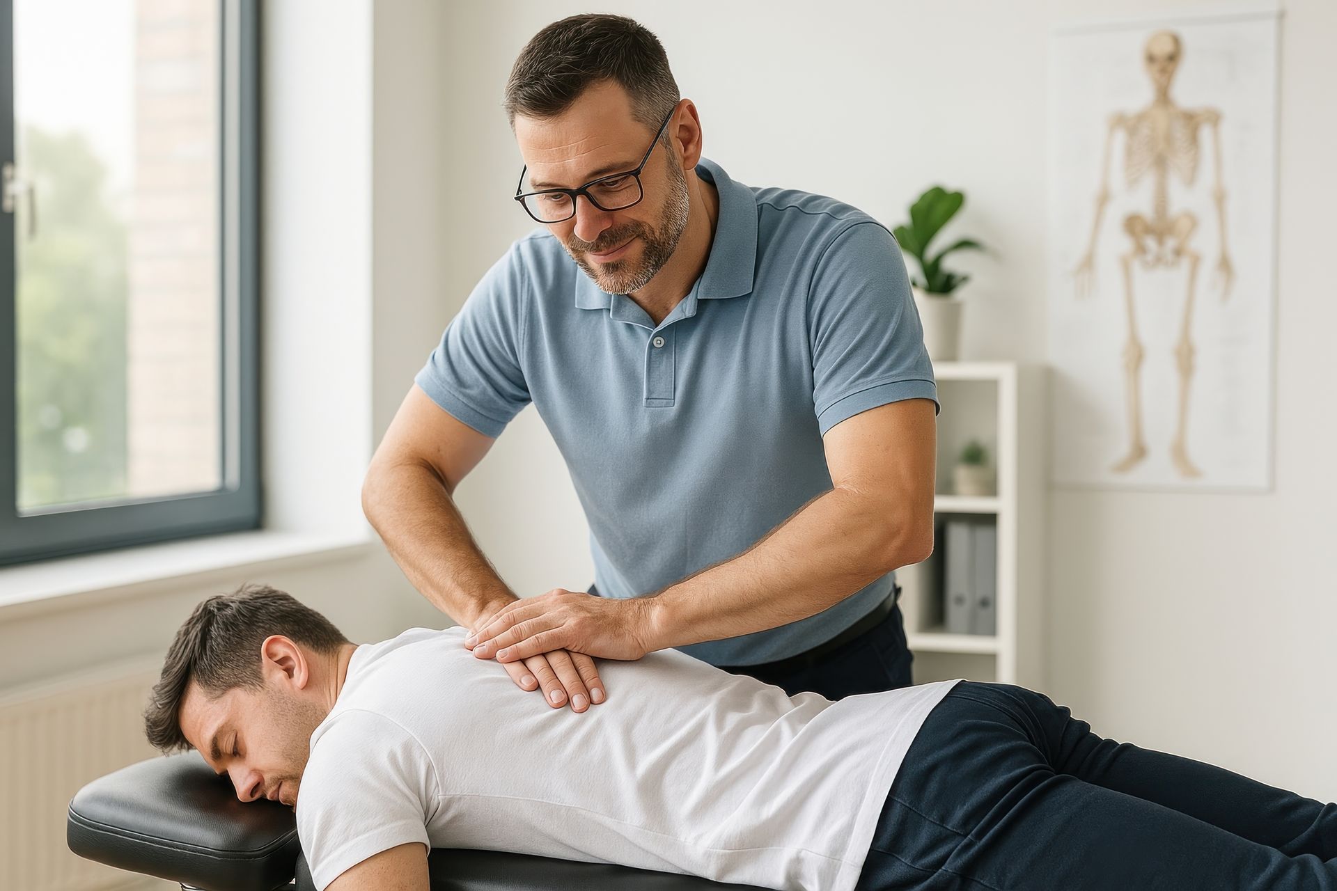 Massage therapist attending client while AI handles calls