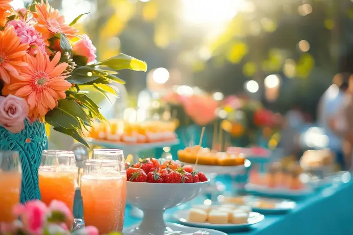 Decorated event table with flowers and party lights in soft focus