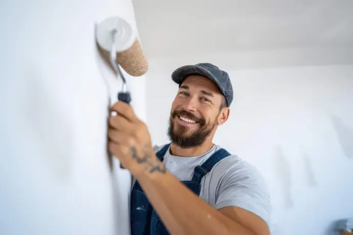 Painter and decorator painting a wall