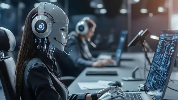 Modern AI call handling interface displaying caller details and live transcript
